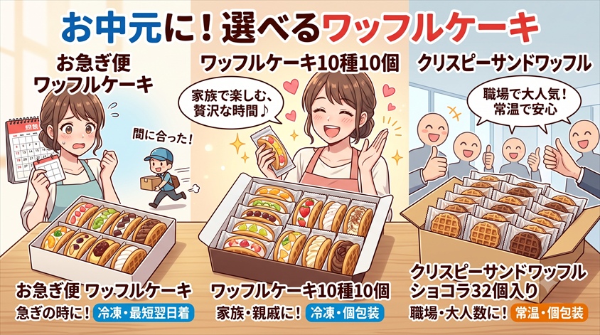 ワッフルケーキはお中元に個包装で選べる？口コミと10個・お急ぎ便・32個の違い