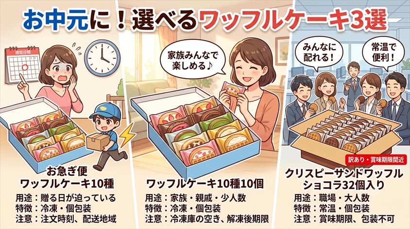 ワッフルケーキ3商品を用途別に比較