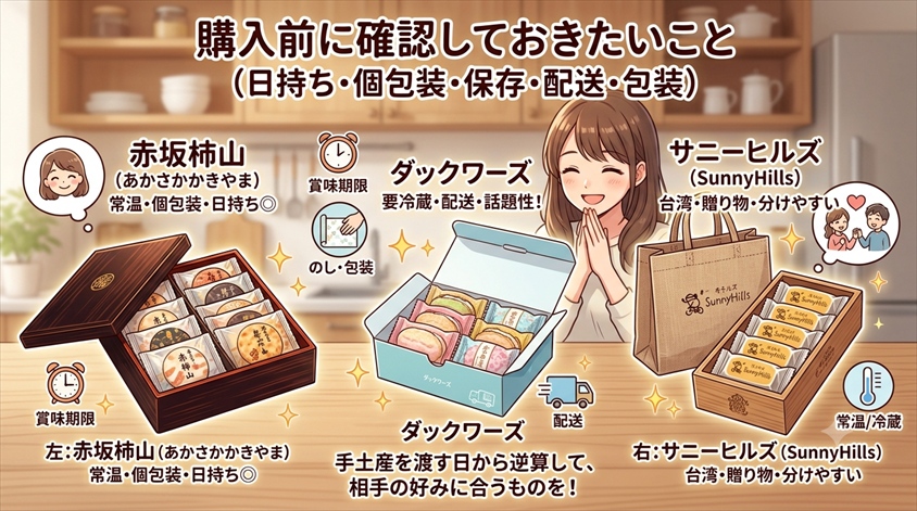 購入前に確認しておきたいこと（日持ち・個包装・保存・配送・包装）