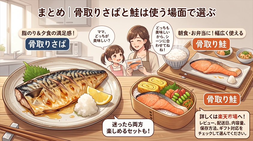 まとめ｜骨取りさばと骨取り鮭は使う場面で選ぶ