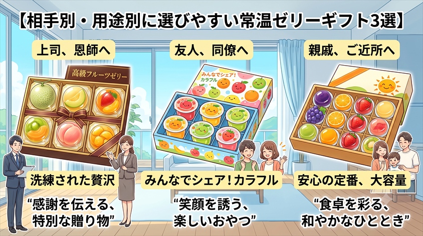 お中元に選びやすい常温ゼリーギフト3選の比較