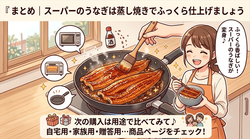 まとめ｜スーパーのうなぎは蒸し焼きでふっくら仕上げましょう