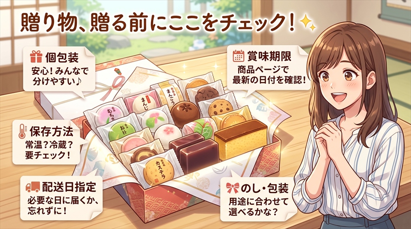 個包装・賞味期限・保存方法・配送日・のし・包装の確認ポイント